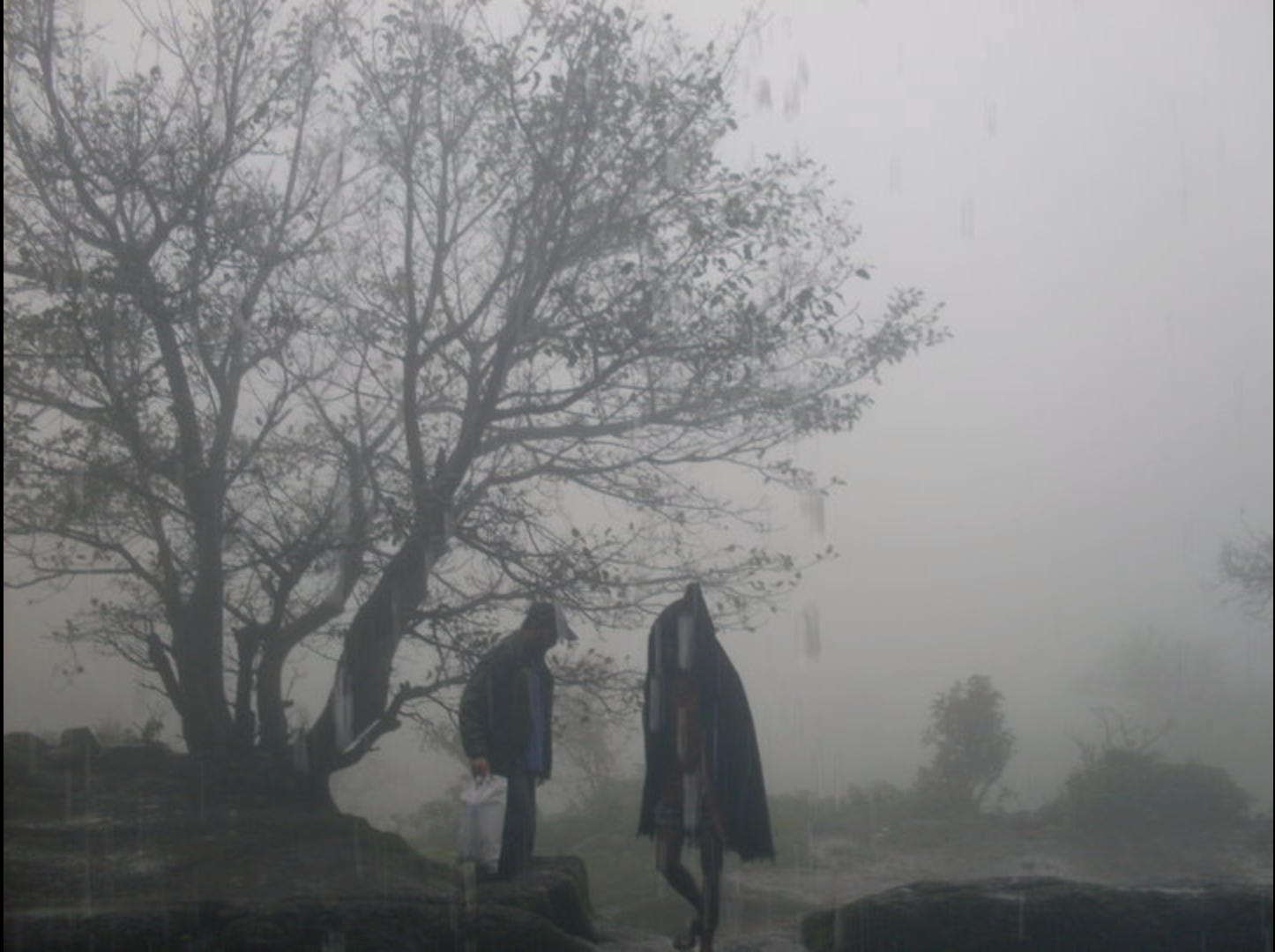 Two trekkers in thick monsoon fog near the villager's hut post Tolar Khind